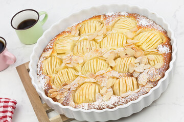 Apple pie with fanned apple in porcelain baking pan image series 01