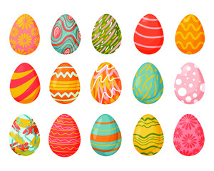 Set of Easter eggs with different textures on a white background. Spring holiday. Vector illustration.