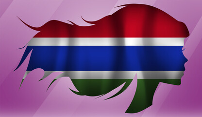 Vector beautiful woman portrait silhouette with long flowing hair in national flag of Gambia on pink background