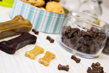 Dog treats spilling out of bowl. Dog treats and biscuits