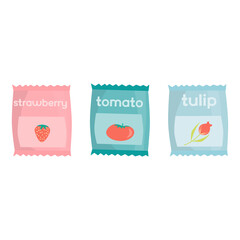 Fototapeta premium Set with three pack of strawberry, tomato and tulip seeds. Gardening or farming cartoon vector illustration