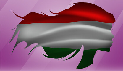Naklejka premium Vector beautiful woman portrait silhouette with long flowing hair in national flag of Hungary on pink background