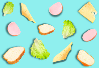 A pattern of different ingredients for making sandwiches on a blue background.