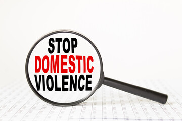 words STOP DOMESTIC VIOLENCE in a magnifying glass on a white background. business concept