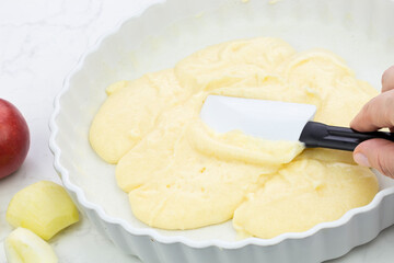 Apple pie with fanned apple in porcelain baking pan image series 12