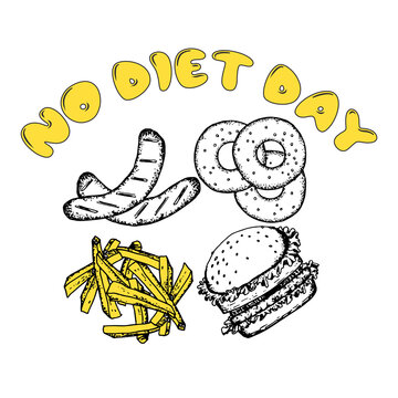 A sketch of a burger, French fries, danuta with the inscription "No diet day".Black and white illustrations.May 6. On a white background. Isolated. International holidays.
