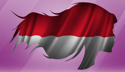 Vector beautiful woman portrait silhouette with long flowing hair in national flag of Monaco on pink background