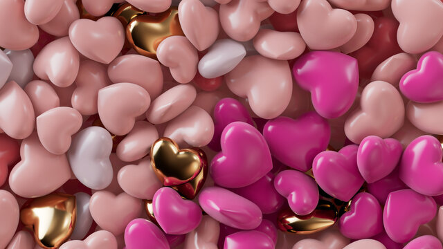 Multicolored Heart background. Valentine Wallpaper with Pink, Orange and Gold love hearts. 3D Render 