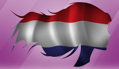 Vector beautiful woman portrait silhouette with long flowing hair in national flag of Netherlands on pink background