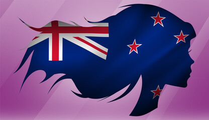 Obraz na płótnie Canvas Vector beautiful woman portrait silhouette with long flowing hair in national flag of New Zealand on pink background