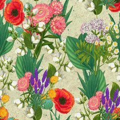 Hand drawn medicinal plant seamless pattern. Healing herbs drawing on craft paper.