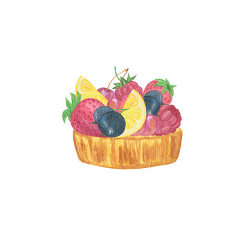 Fruit punnet cake with berries on top of it, hand drawn delicious watercolor sweet dessert food illustration for menu, greeting card, banner, holiday celebrations design