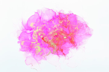 art photography of abstract fluid art painting with alcohol ink, pink and gold colors