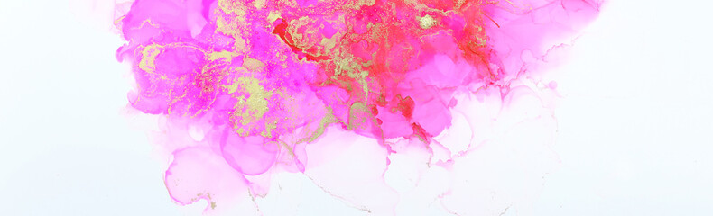 art photography of abstract fluid art painting with alcohol ink, pink and gold colors. banner
