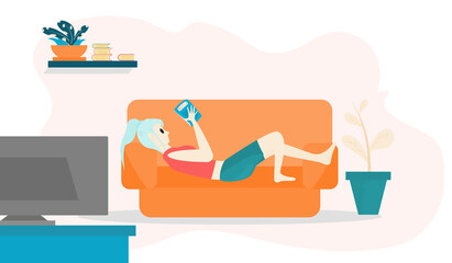 Concept happy people, lifestyle relax. A girl lying on the sofa reading a book  Interior living room, flat style vector illustration for relaxation content, holiday happiness, reading book, lounging. 