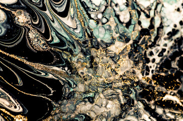Golden Night. Treasury of art. Swirls of marble. Painting aesthetically mesmerizing. Abstract fantasia with golden powder. Extra special and luxurious- ORIENTAL ART. Ripples of agate. Natural luxury.