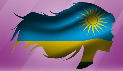 Obraz premium Vector beautiful woman portrait silhouette with long flowing hair in national flag of Rwanda on pink background