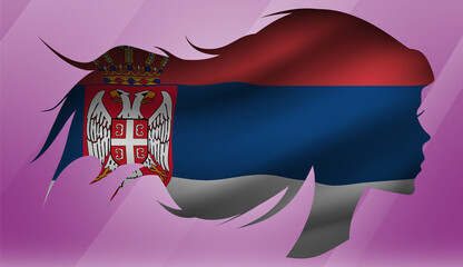 Vector beautiful woman portrait silhouette with long flowing hair in national flag of Serbia on pink background
