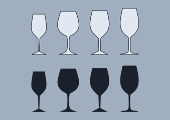 Set of wine glasses icons. (Collection of outlined and silhouette vectors of wine glasses).