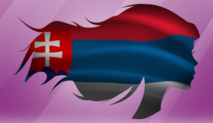 Vector beautiful woman portrait silhouette with long flowing hair in national flag of Slovakia on pink background