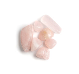 Rose quartz pebbles isolated, pink quartz polished stones