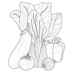 Vegetables. Cabbage, eggplant, pepper, tomato and onion.Coloring book antistress for children and adults. Illustration isolated on white background.Zen-tangle style. Black and white drawing