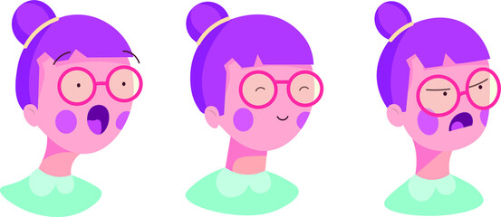 young girl with glasses. vector. art. illustration logo. icon. emotions. violet