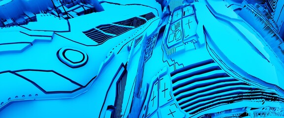 Blue futuristic complex surface. Cyberpunk techno wallpaper. The concept of the future. Industrial abstract scene. 3D illustration.