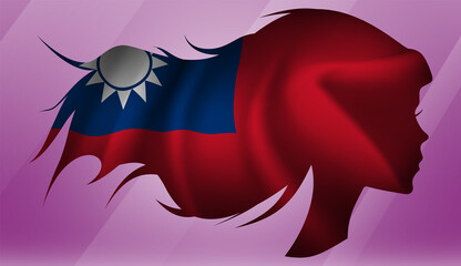 Vector beautiful woman portrait silhouette with long flowing hair in national flag of Taiwan on pink background