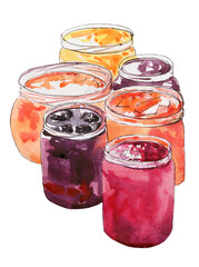 Watercolor, illustration, berry jam in glass jars