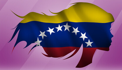 Vector beautiful woman portrait silhouette with long flowing hair in national flag of Venezuela on pink background