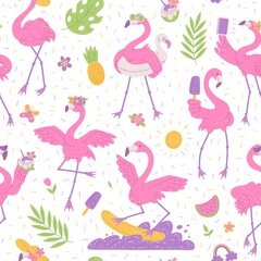 Pink flamingos seamless summer pattern. Character african birds cartoon flat background.