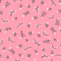 Floral seamless vector pattern with small flowers. Simple hand-drawn style. Motifs scattered liberty. Pretty ditsy for fabric, textile, wallpaper. Digital paper in pink background.