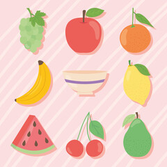 bowl and healthy fruits icon set, flat style