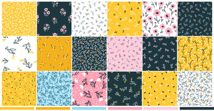 Collection Floral Seamless Pattern With Cute Small Flowers. Simple Doodle Hand-drawn Style. Motifs Scattered Liberty. Pretty Ditsy For Millefleurs Fabric, Textile, Wallpaper. Vector Digital Paper