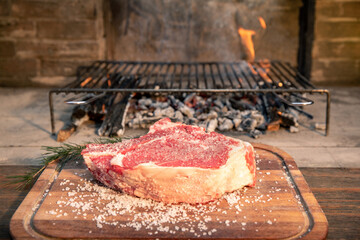 Closeup of a beautiful italian steak ready to be cooked on a barbeque. Appetizing piece of meat next to a pyre of firewood ready to be set on fire. Bbq, recreation, picnic, outdoors cooking concept.