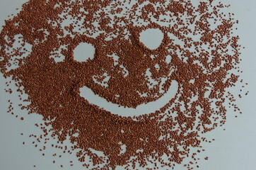 Drawing of smiley face in brown seeds.