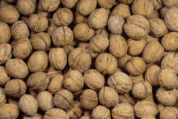 Walnut heap closeup. Vegan food. Concept of healthy food.