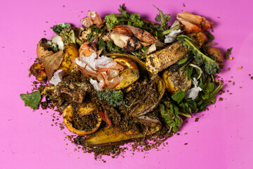 organic fruit and vegetable peels to compost with pink background