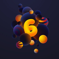 Luminescent yellow number 6, one with realistic blue balls, blured and luminous, orange balls with patterns, dots and stripes with soft touch feeling in dark background. Vector illustration. 
