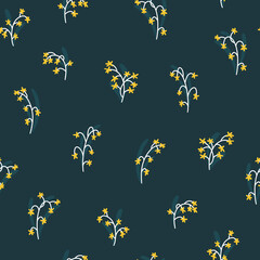 Floral seamless vector pattern with small flowers. Simple hand-drawn style. Motifs scattered liberty. Pretty ditsy background for fabric, textile, wallpaper. Digital paper in dark color