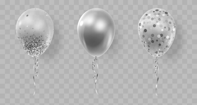 Set of three realistic ballons, silver, transparent with confetti, paper circles and ribbons. Vector illustration for card, party, design, flyer, poster, decor, banner, web, advertising. 