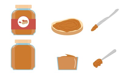 Peanut butter in a jar, spread on bread, on a spoon and knife. Flat. Vector illustration.