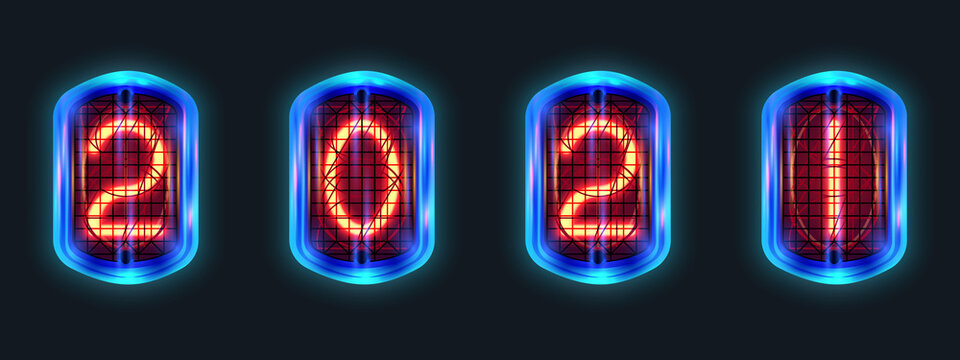 Retro neon numbers year 2021 from red lamps in-12, nixie tube indicator, lamp gas-discharge indicator, warm light, in glass with blue lighting on dark background. Vector steampunk illustration.