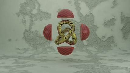 Abstract floating geometric infinity torus knot curved line still life background, 3d render illustration