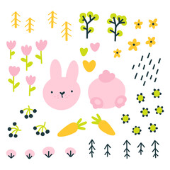 Cute set with a rabbit bunny in a naive hand-drawn style. Cartoon character with forest nature elements. Vector isolate on a white background. Woodland in summer.