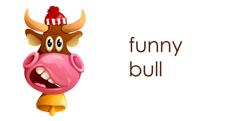 Vector illustration of a funny bull in a hat with a bubon in a cartoon style