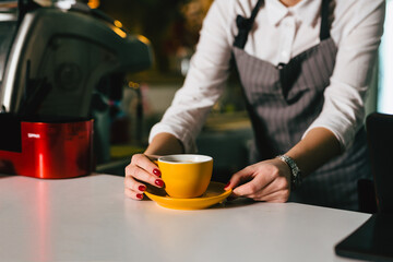 Fototapeta na wymiar waitress preparing espresso coffee in cafeteria