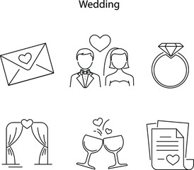 Wedding day line icons. Set of line icons. Bride and groom, wedding ring, suitcase. Wedding concept. Vector illustration can be used for topics like marriage, family, love