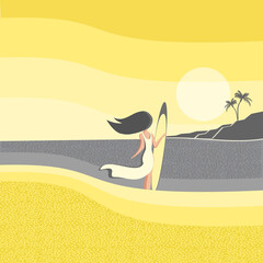 Girl surfer on the beach. Vector illustration.